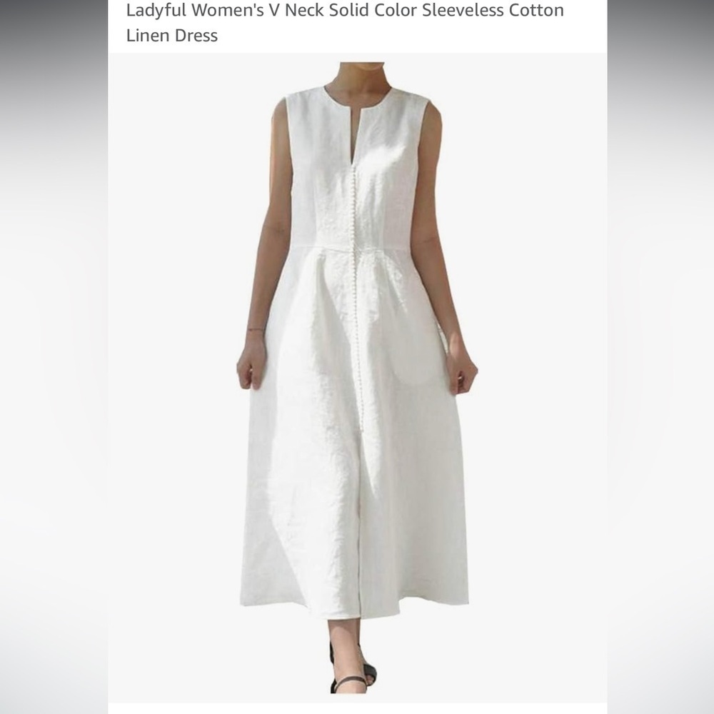 Women's White Sleeveless Cotton Linen Dress